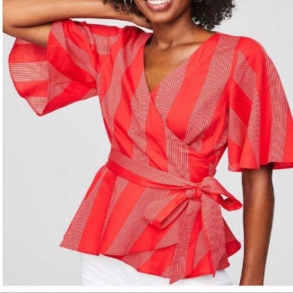 Loft Red Short Sleeve Cotton Peplum Wrap Top Small - Picture 1 of 11